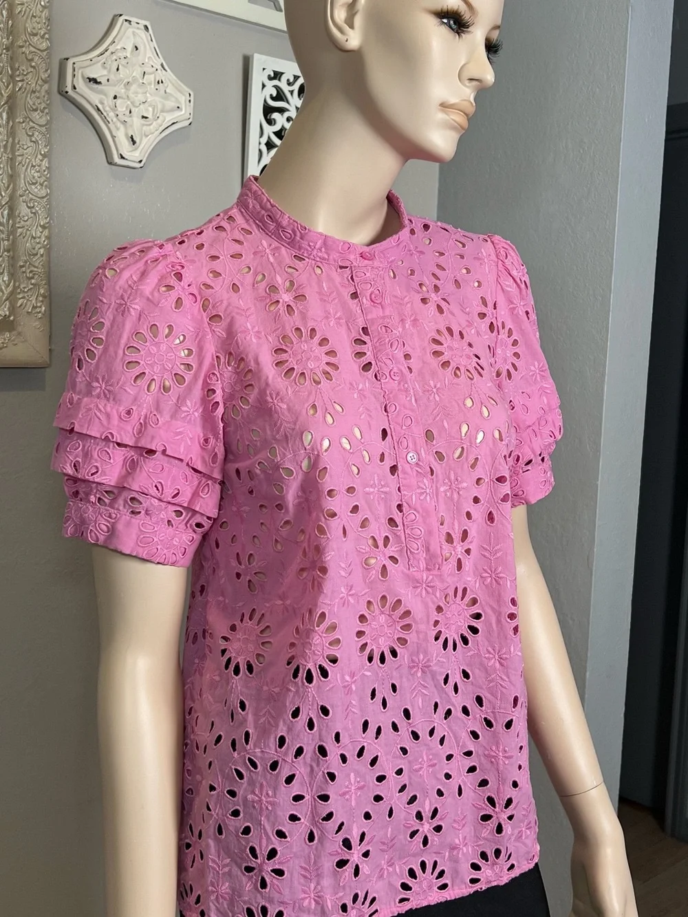 J. Crew Pink Eyelet Short puff Sleeve Blouse